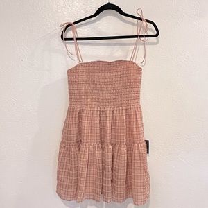 Crush On You Blush Plaid Tie-Strap Smocked Mini dress from Lulus